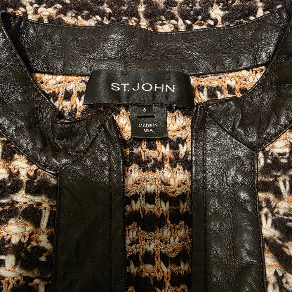 Vintage St.John Tweed Knit Brown Cardigan Jacket Leather Trim Size Women US 6 - Picture 6 of 6